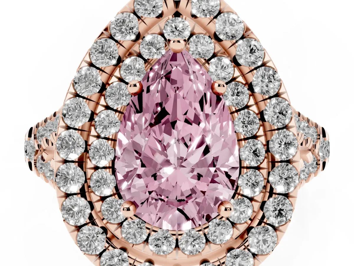 Fancy Pink Double Halo Pear Cut Diamond Pavé Split Shank Ring with Prong Setting Rose gold