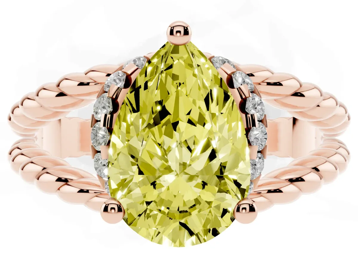 Fancy Yellow Pear Cut Halo Twisted Band Four-Prong Ring Rose gold