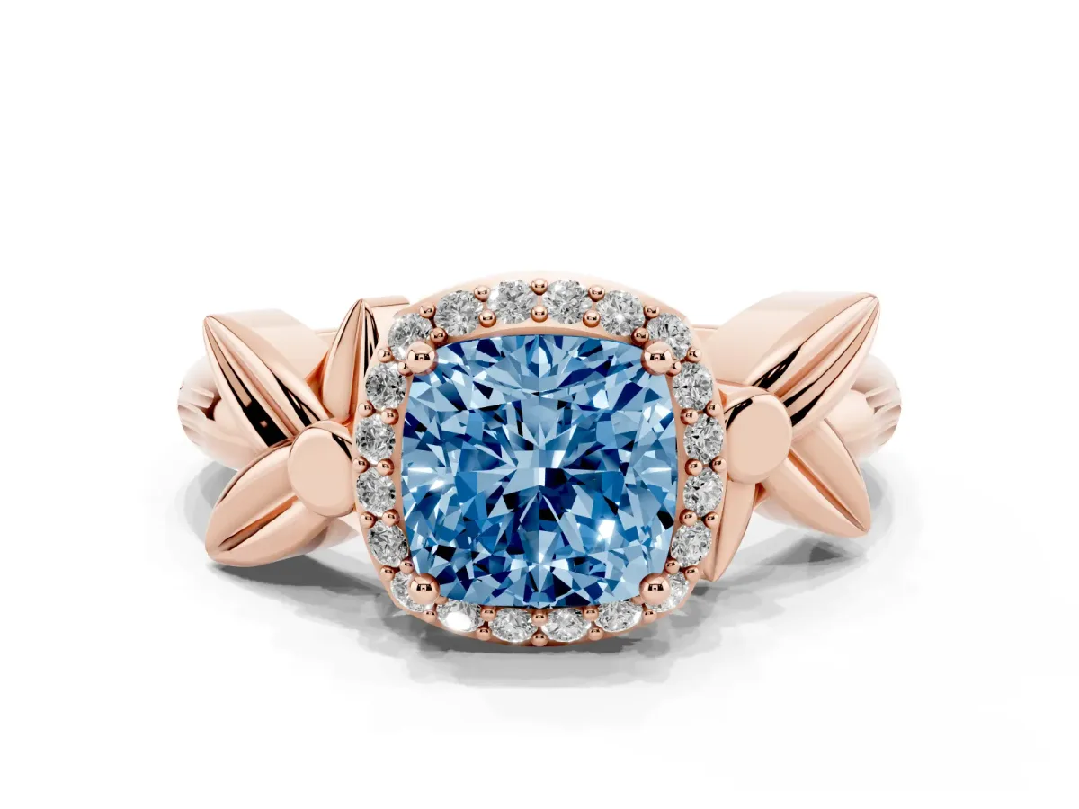 Fancy Blue Cushion Cut Halo Diamond Floral Band with Four-Prong Setting Rose gold