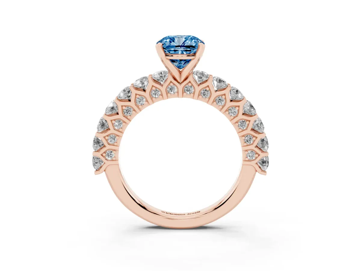 Fancy Blue Cushion Cut Diamond Solitaire Ring with Shared Prong Pavé Band and Four-Prong Setting Rose gold