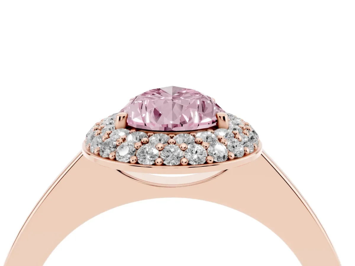 Fancy Pink Pear Cut Halo Diamond Engagement Ring with Solitaire Band and Four-Prong Setting Rose gold