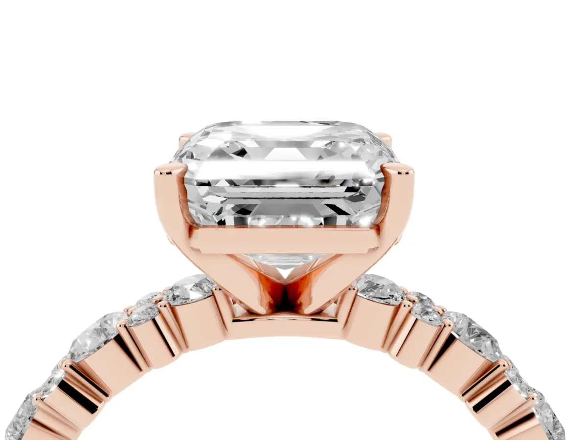 Asscher Cut Diamond Side Stone Solitaire Ring with Round and Four-Prong Setting Rose gold