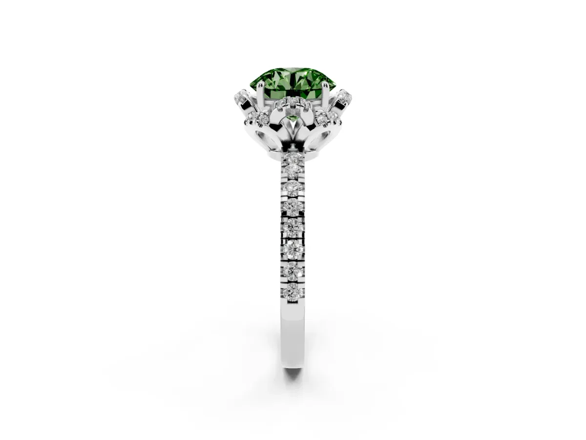 Fancy Green Round Cut Halo Diamond Pave Band Ring with Four-Prong Setting Silver