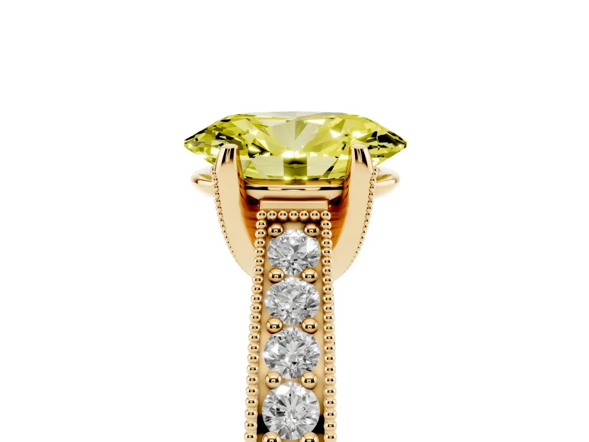 Fancy Yellow Oval Cut Cut Diamond Solitaire Ring with Milgrain Pave Band and Four Prong Setting Yellow gold