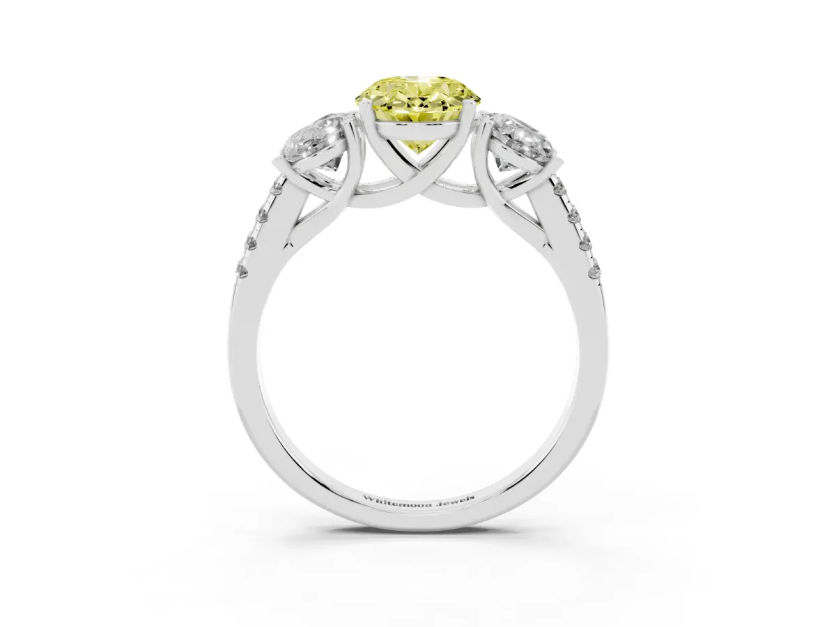Fancy Yellow Three-Stone Oval Cut Diamond Ring with Round Pavé Band and Prong Setting Silver