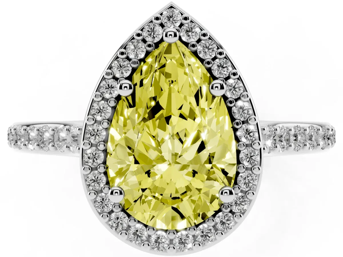 Fancy Yellow Pear Cut Diamond Halo Engagement Ring with Round Pavé Shoulders and Prong Setting White gold