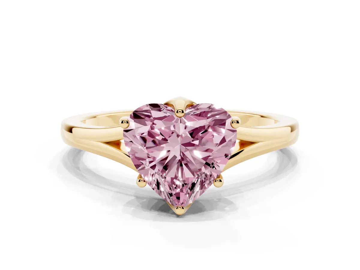 Fancy Pink Heart Cut Solitaire Diamond Ring with Six-Prong Setting and Tapered Band Yellow gold