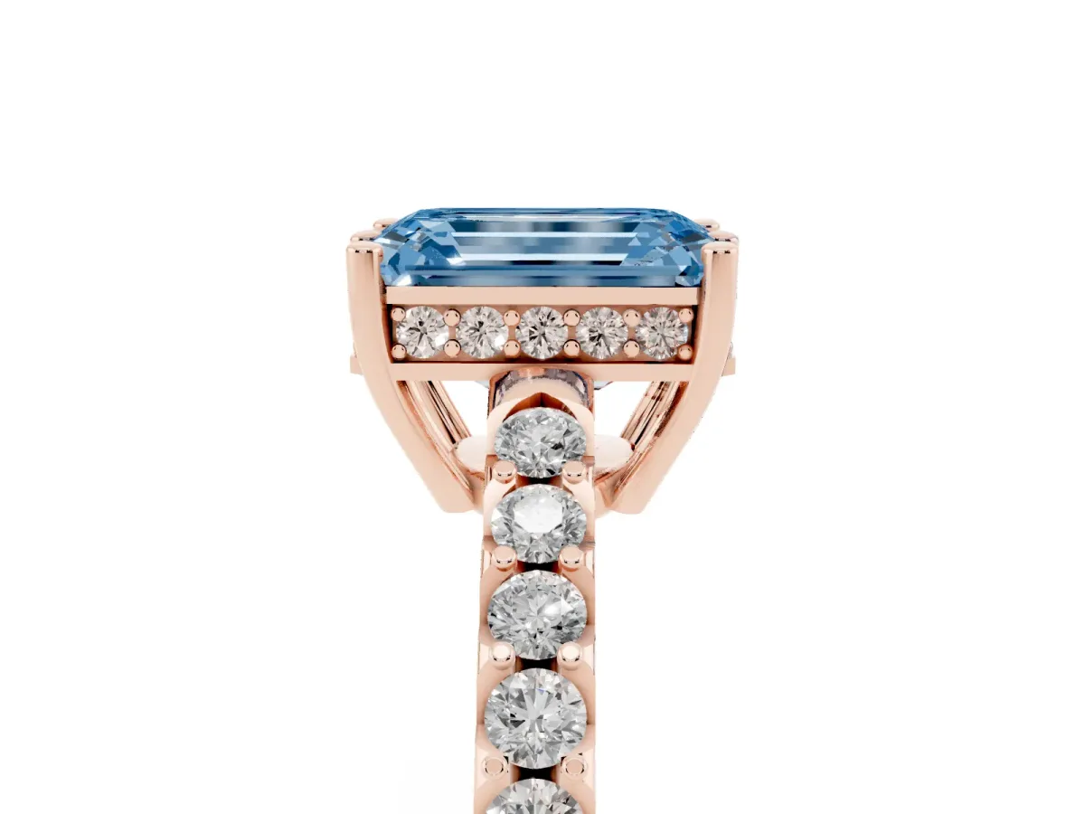 Fancy Blue Emerald Cut Solitaire Diamond Engagement Ring with Pavé Band and Six-Prong Setting Rose gold