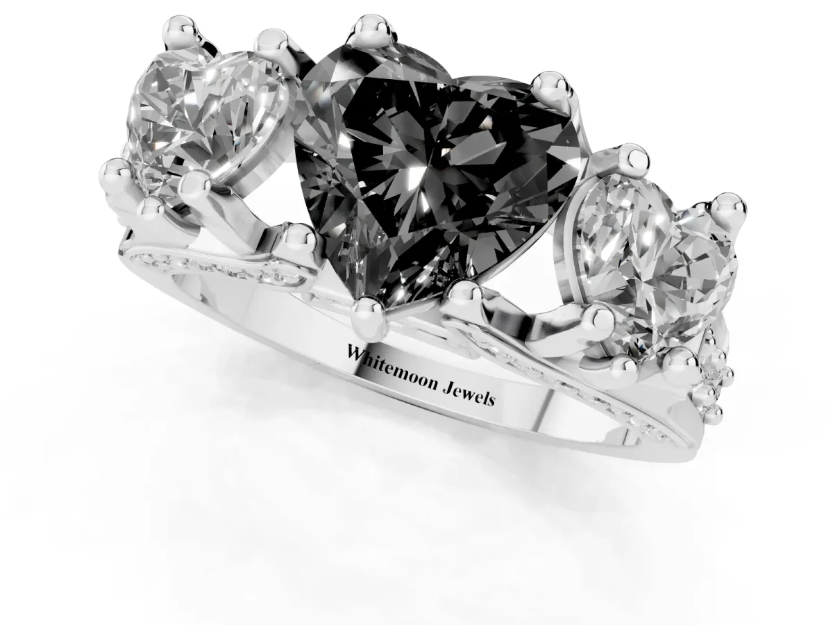 Fancy Black Heart Cut Diamond Three-Stone Ring with Channel Set Band and Four-Prong Setting Silver