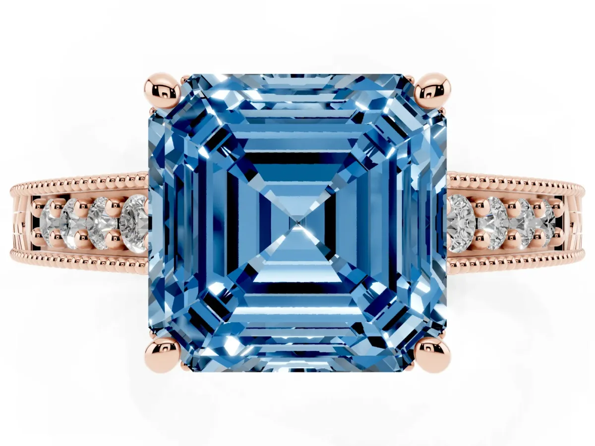 Fancy Blue Asscher Cut Solitaire Pavé Diamond Milgrain Engagement Ring with Four-Prong Setting Rose gold