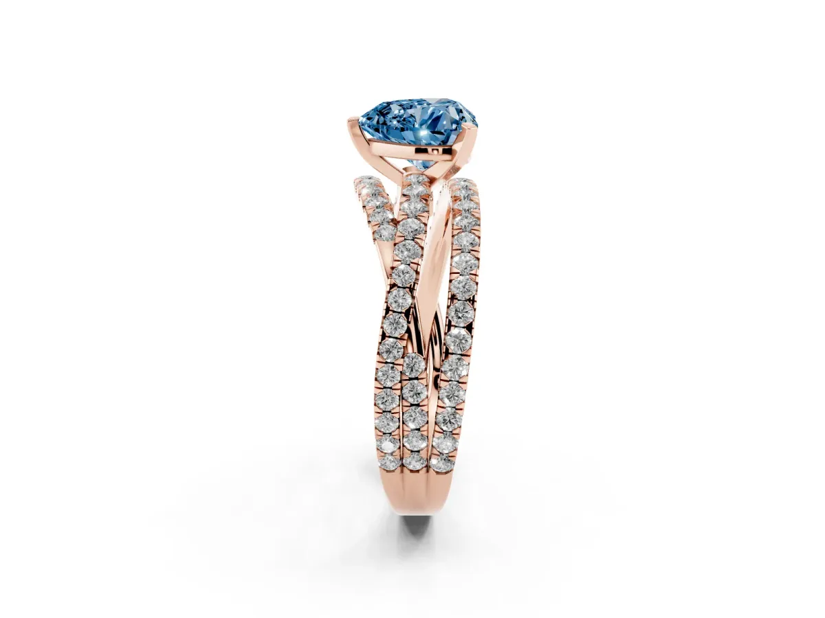 Fancy Blue Heart Cut Solitaire Twist Band with Pavé Setting and Four-Prong Setting Rose gold
