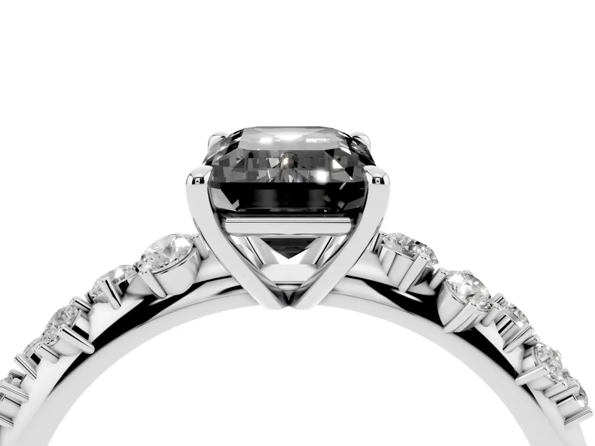 Fancy Black Emerald Cut Diamond Cluster Side Stone Solitaire Ring with Prong Setting Platinum