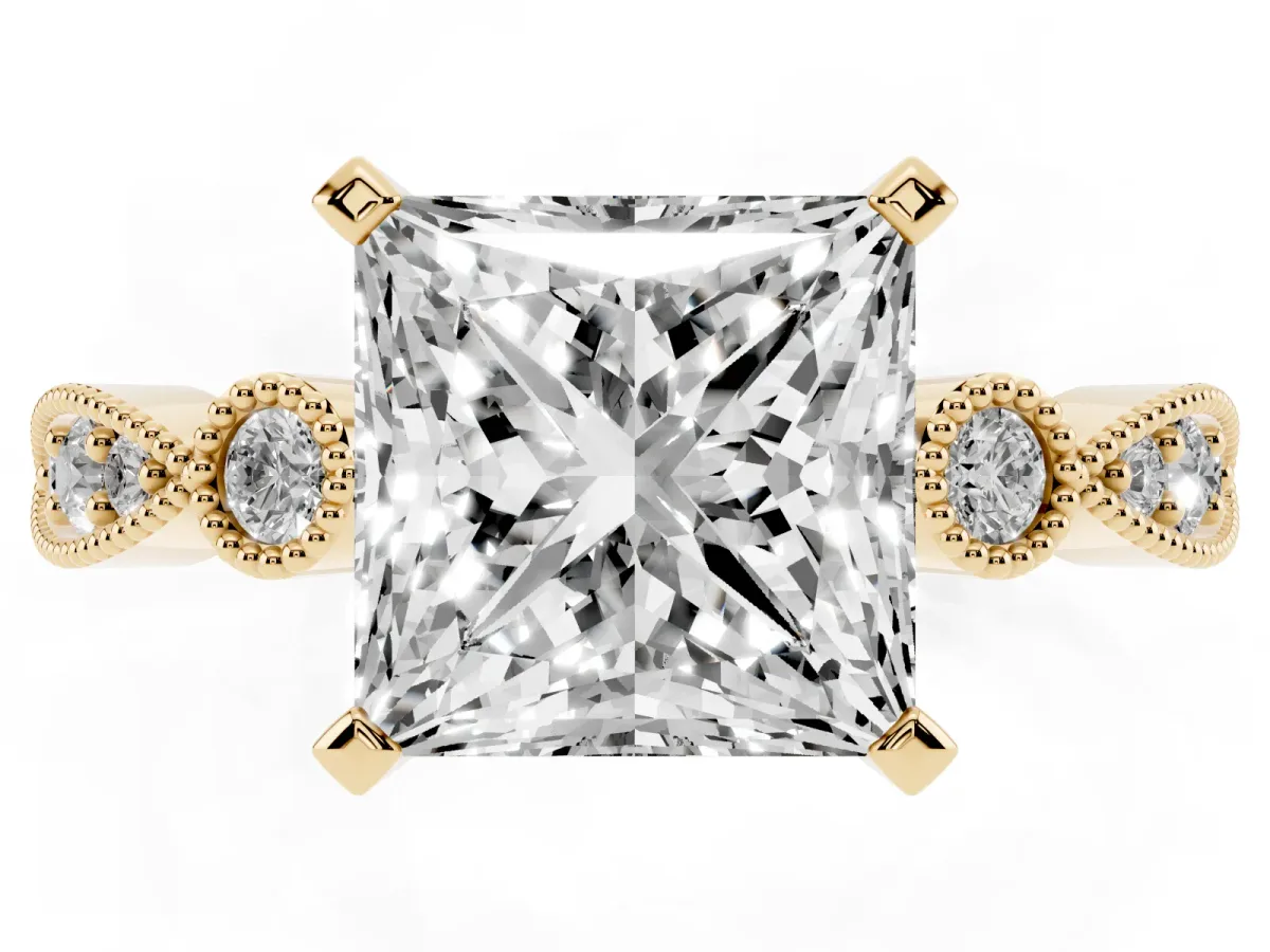 Princess Cut Milgrain Bezel Diamond Engagement Ring with Solitaire Prong Setting Yellow gold