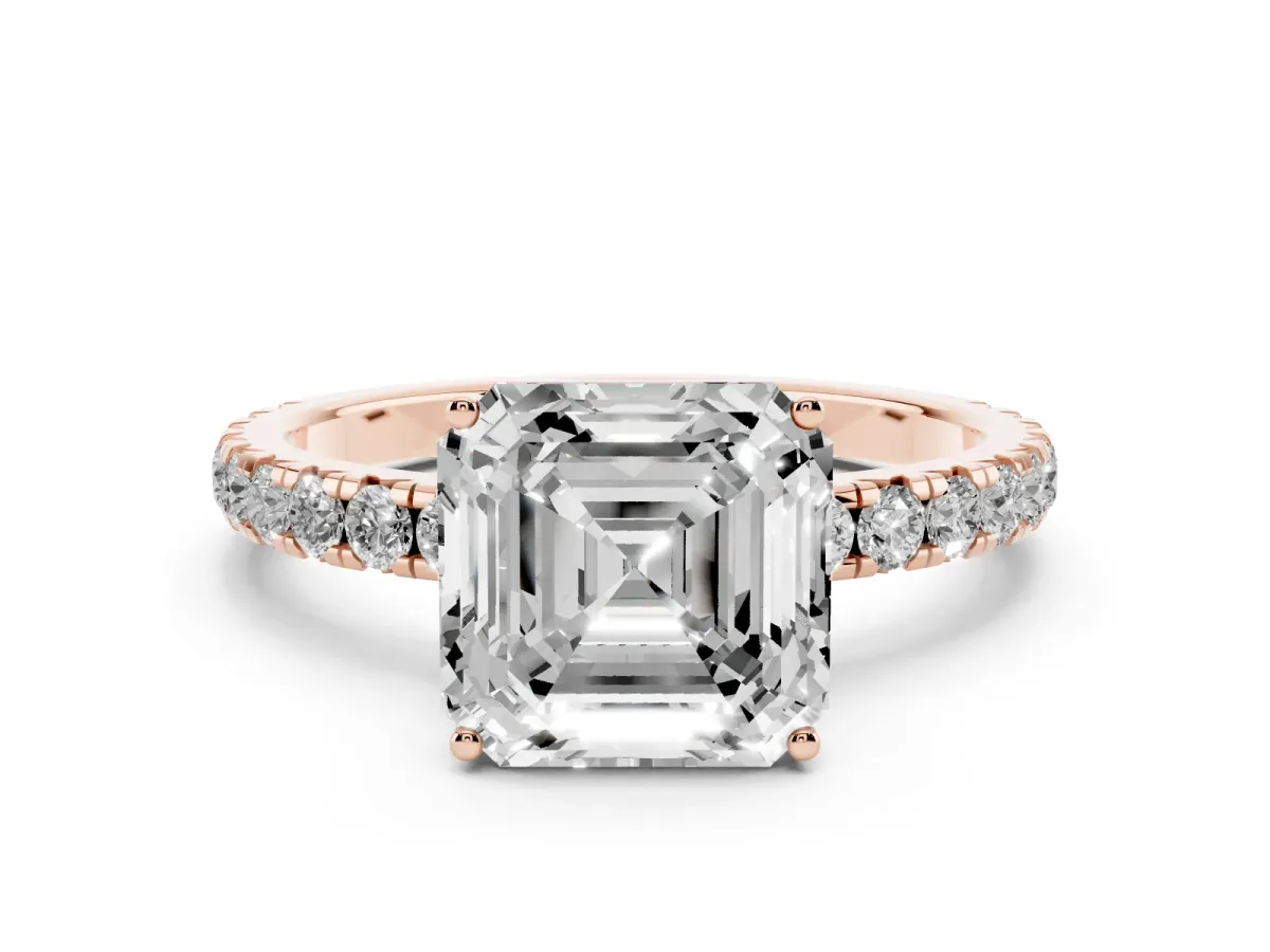 Asscher Cut Diamond Pavé Solitaire Engagement Ring with Four-Prong Setting Rose gold