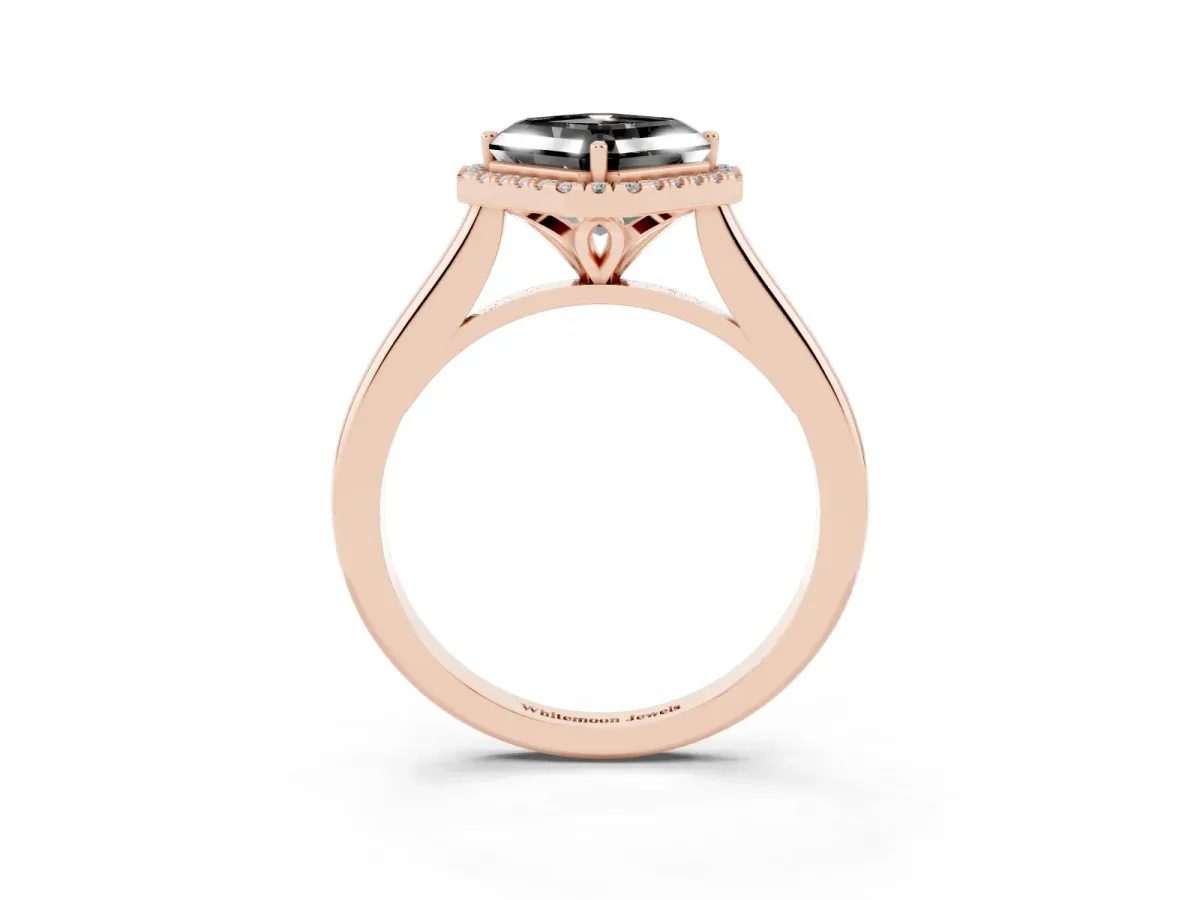 Fancy Black Asscher Cut Halo Round Diamond Solitaire Engagement Ring with Pave Band and Four-Prong Setting Rose gold