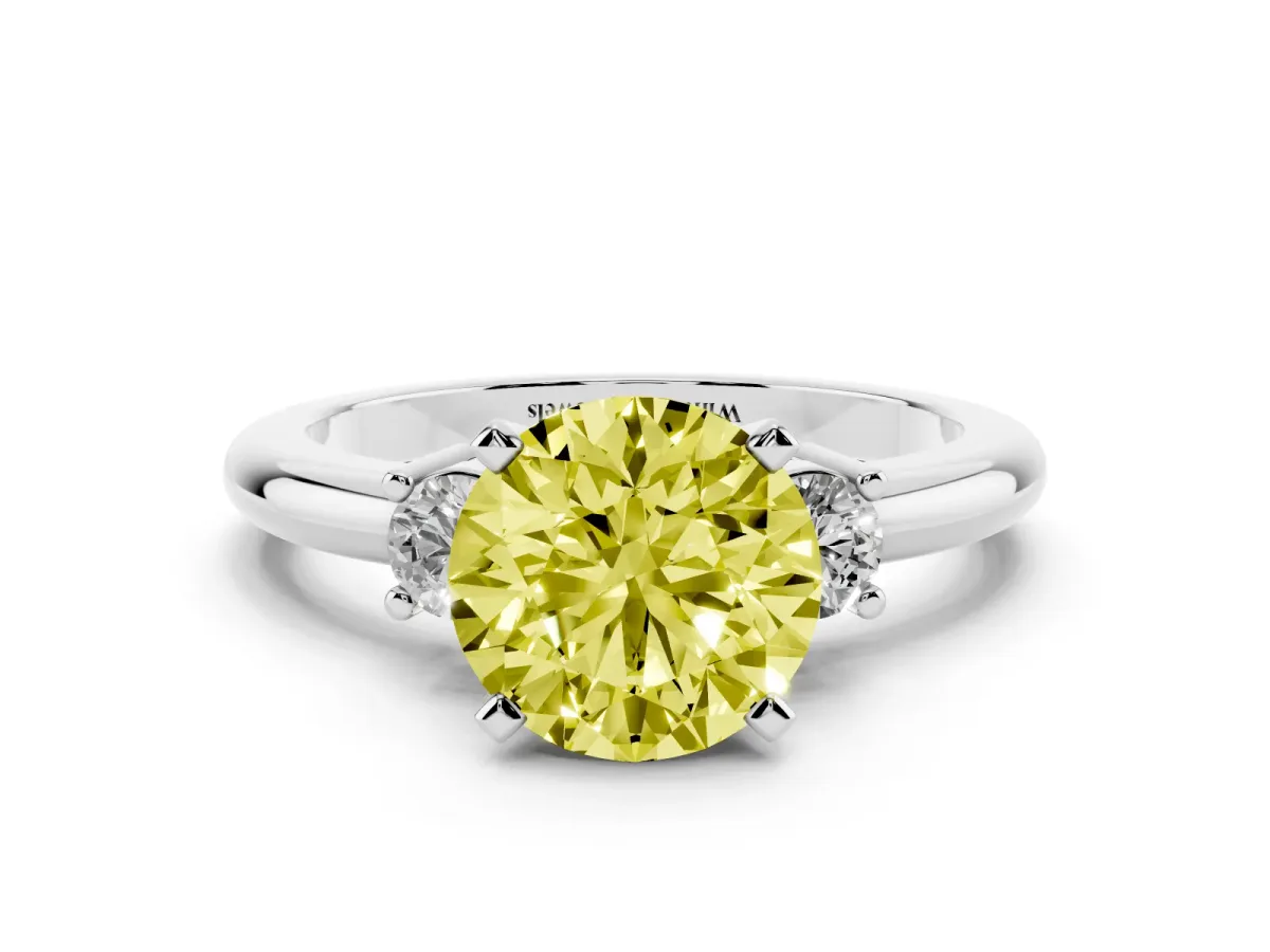 Fancy Yellow Three-Stone Round Cut Cut Diamond Solitaire with Prong Setting and Classic Band Silver