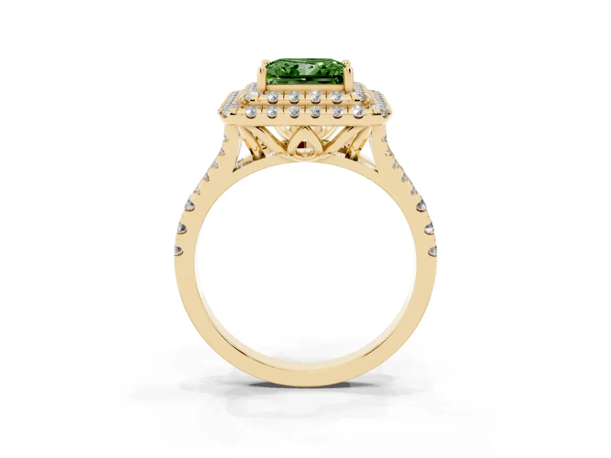 Fancy Green Double Halo Princess Cut Diamond Pavé Split Shank Ring with Prong Setting Yellow gold