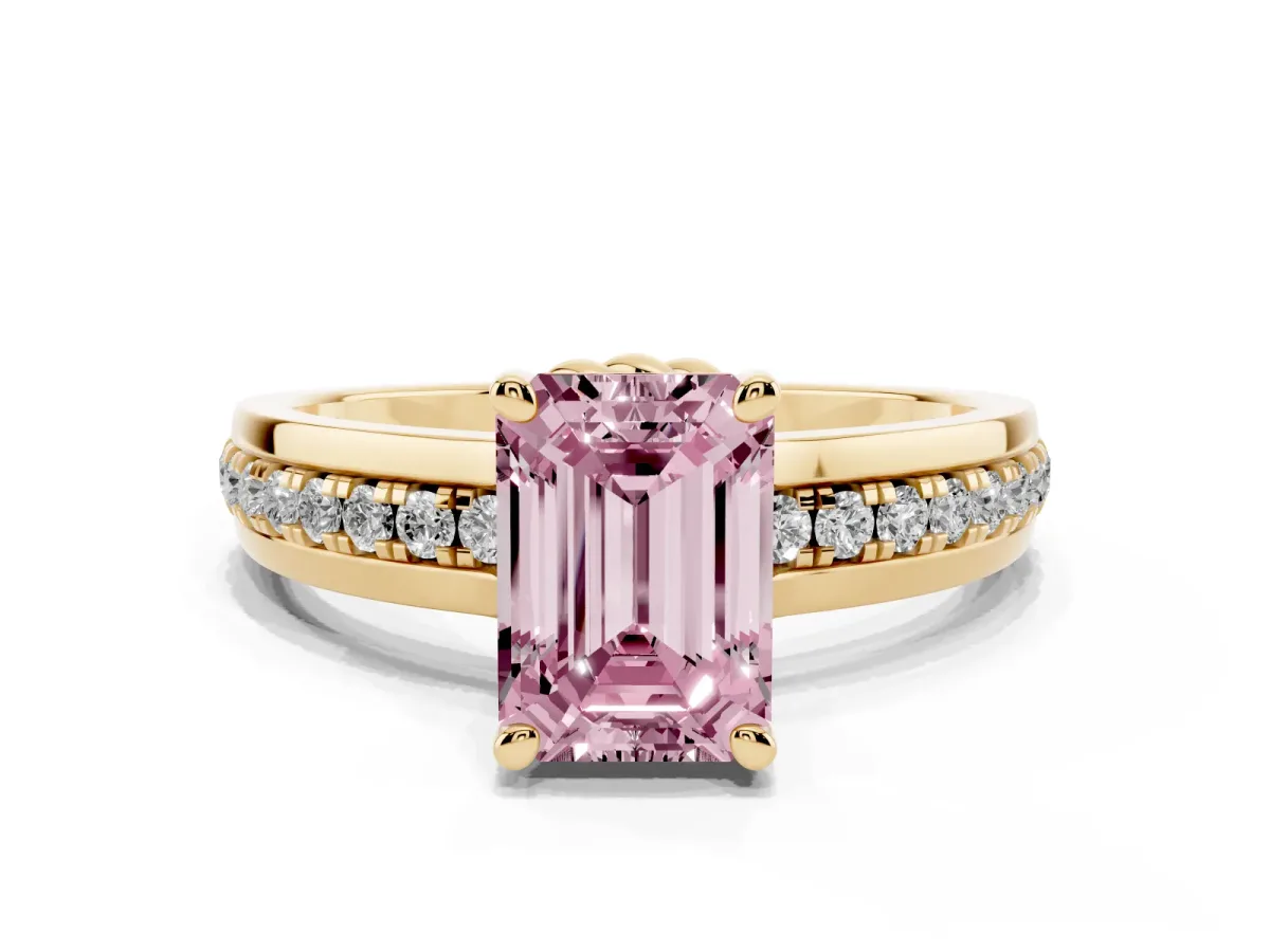 Fancy Pink Emerald Cut Solitaire Diamond Ring with Channel Set Band and Six-Prong Setting Yellow gold