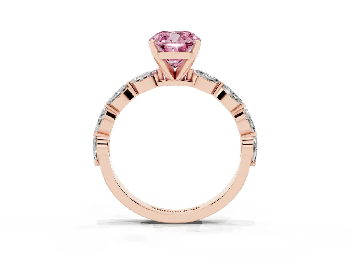 Fancy Pink Cushion Cut Diamond Ring with Marquise Side Stones and Prong Setting Rose gold