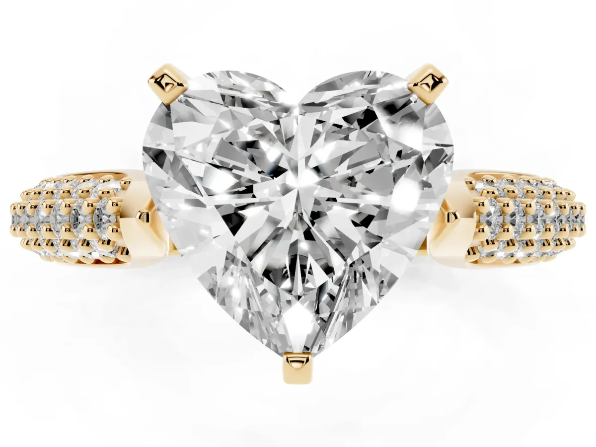 Heart Cut Diamond Solitaire Engagement Ring with Multi-Row Round Pavé Band and Prong Setting Yellow gold