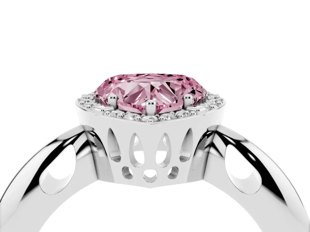 Fancy Pink Heart Cut Cut Diamond Halo Engagement Ring with Split Shank and Four-Prong Setting Platinum
