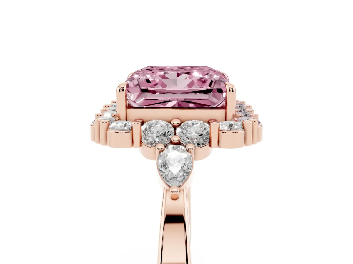 Fancy Pink Princess Cut Diamond Halo Ring with Pear Side Stones and Prong Setting Rose gold