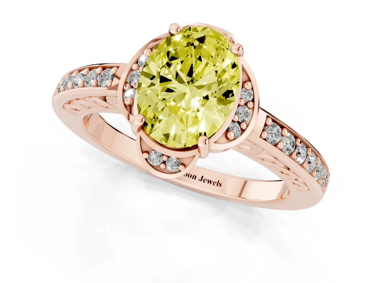 Fancy Yellow Oval Cut Cut Halo Diamond Ring with Channel Set Band and Four-Prong Setting Rose gold