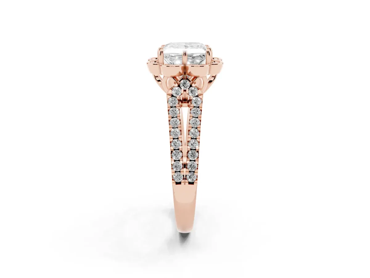 Princess Cut Halo Diamond Floral Split Shank Engagement Ring Rose gold