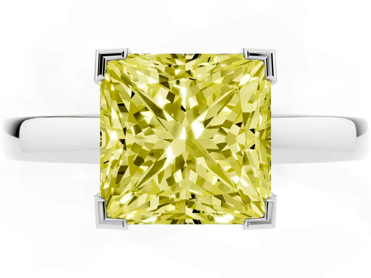 Fancy Yellow Princess Cut Cut Solitaire Ring with Four-Prong Setting and Classic Band Silver