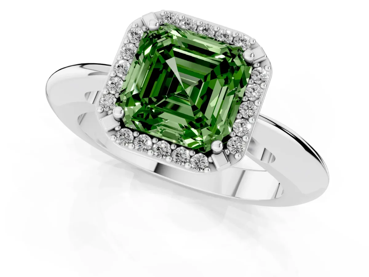 Fancy Green Asscher Cut Cut Diamond Halo Engagement Ring with Split Shank and Four-Prong Setting Silver