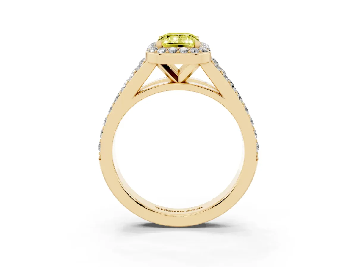 Fancy Yellow Emerald Cut Diamond Split Shank Halo Ring with Four-Prong Setting Yellow gold