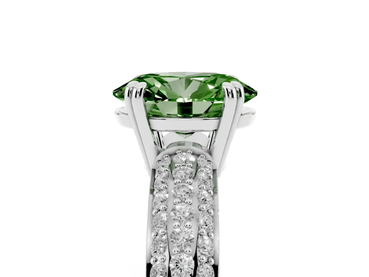 Fancy Green Oval Cut Diamond Solitaire Ring with Multi-Row Round Pavé Band and Prong Setting Silver