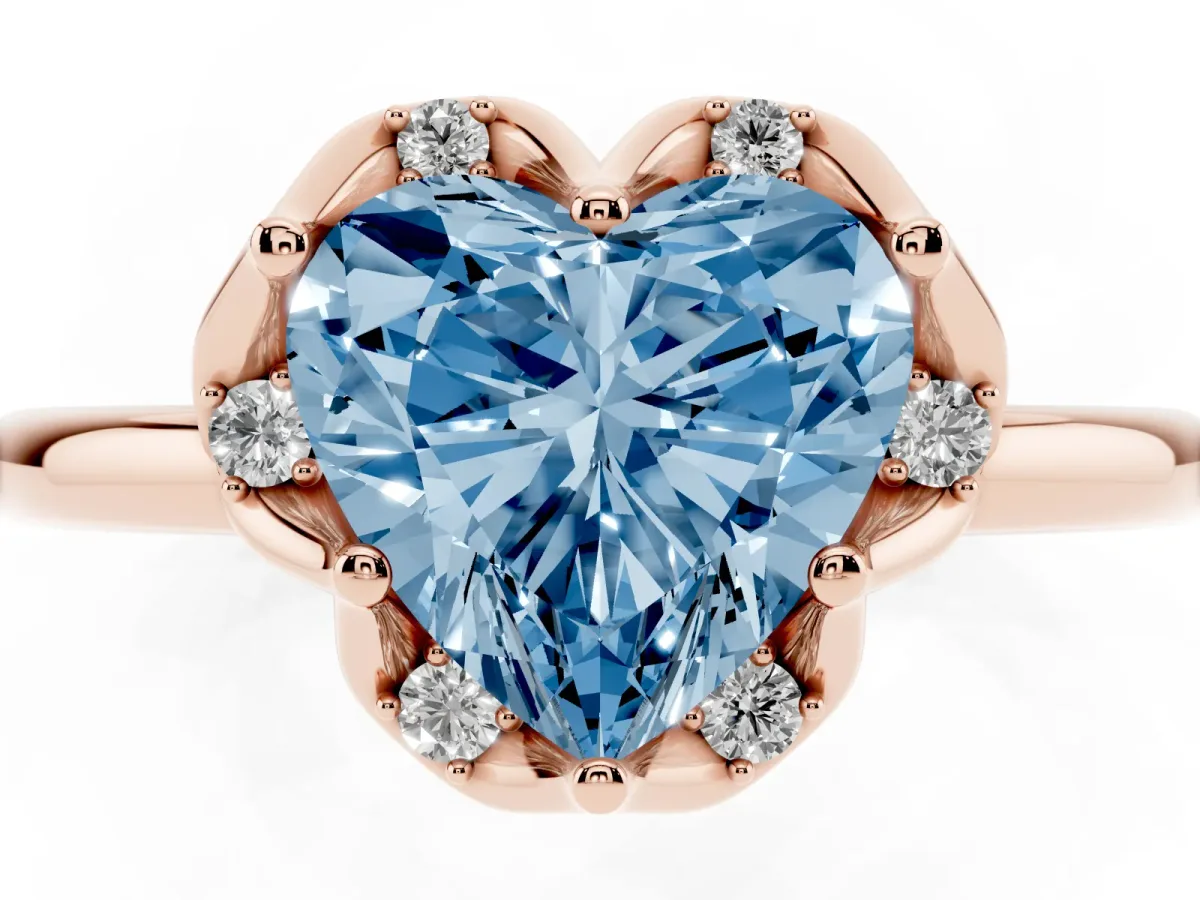 Fancy Blue Heart Cut Halo Diamond Ring with Round Cluster Setting, Solitaire Band, and Four-Prong Setting Rose gold