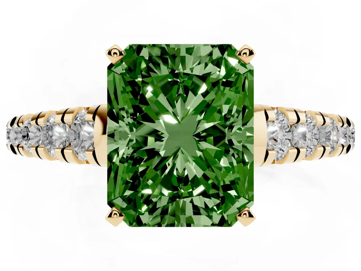 Fancy Green Radiant Cut Diamond Cathedral Solitaire Ring with Round Pavé Band Yellow gold