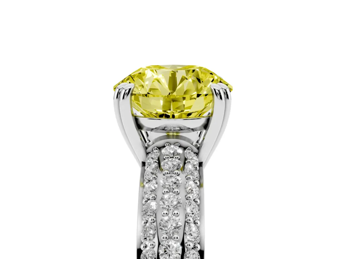 Fancy Yellow Round Cut Diamond Solitaire Ring with Multi-Row Round Pavé Band and Prong Setting Silver