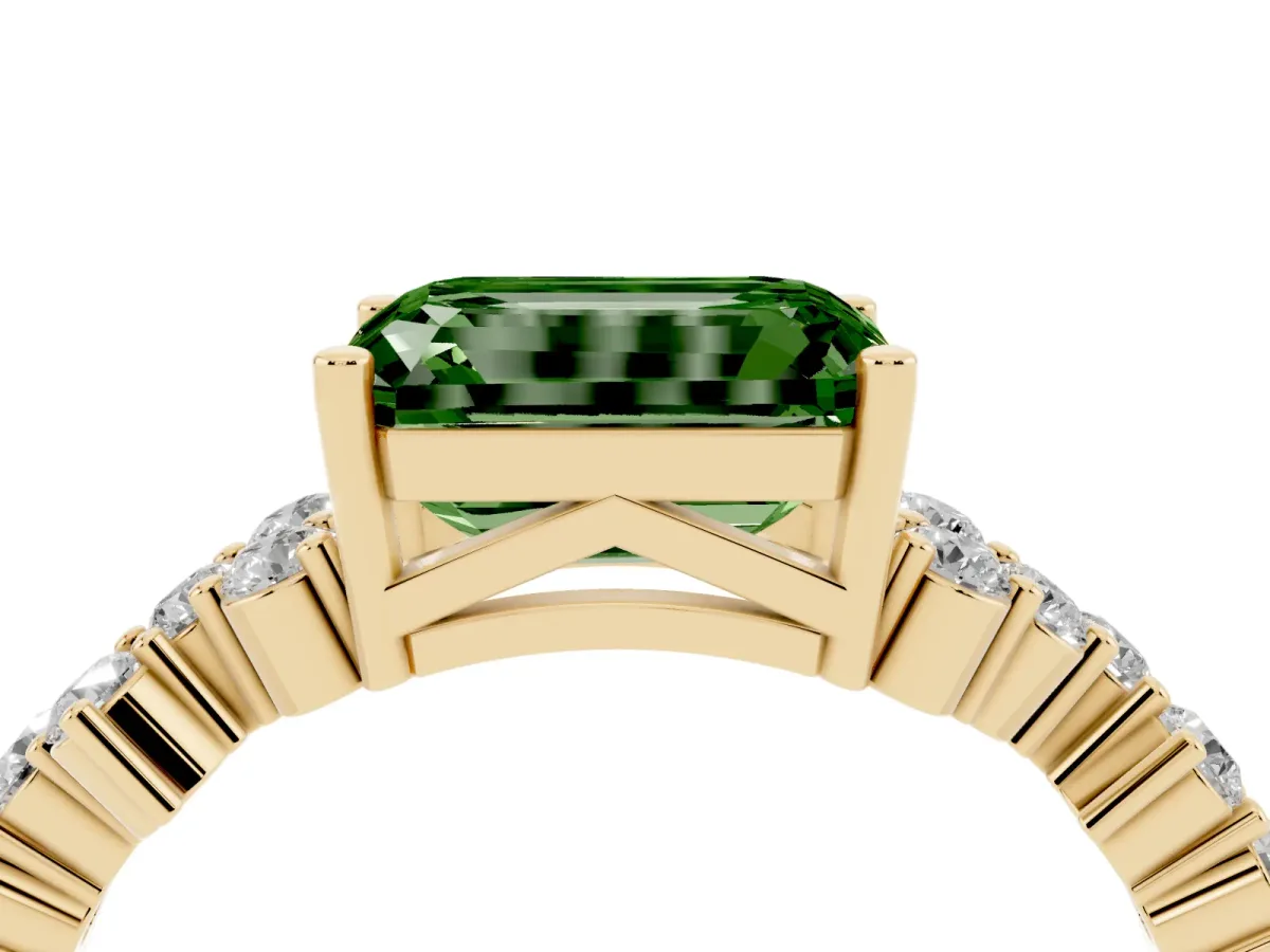 Fancy Green Emerald Cut Diamond Scattered Round Accent Ring with Prong Setting Yellow gold