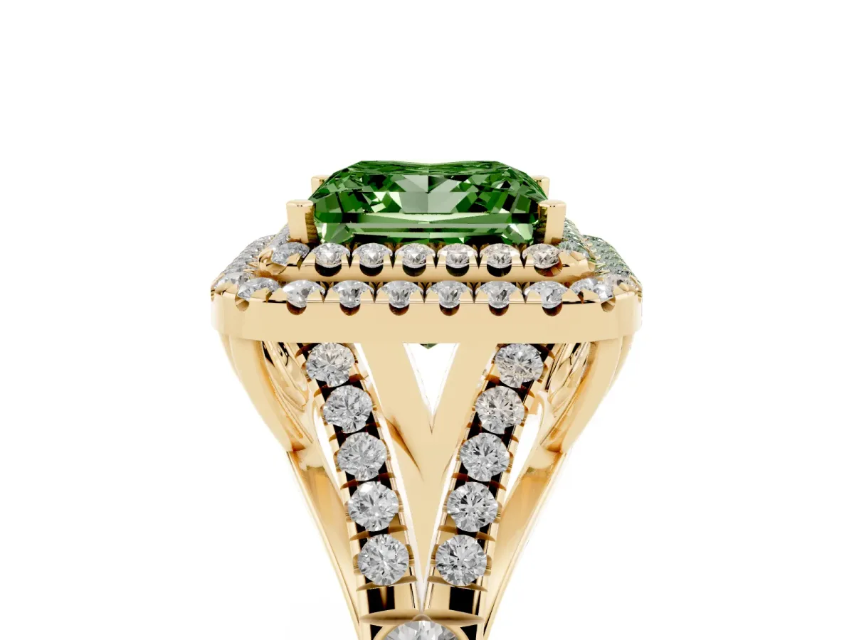 Fancy Green Princess Cut Cut Double Halo Split Shank Diamond Ring with Prong Setting Yellow gold