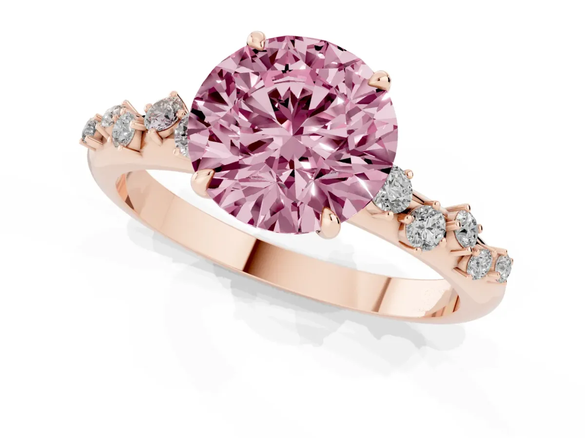 Fancy Pink Round Cut Diamond Cluster Prong-Set Solitaire Ring Rose gold