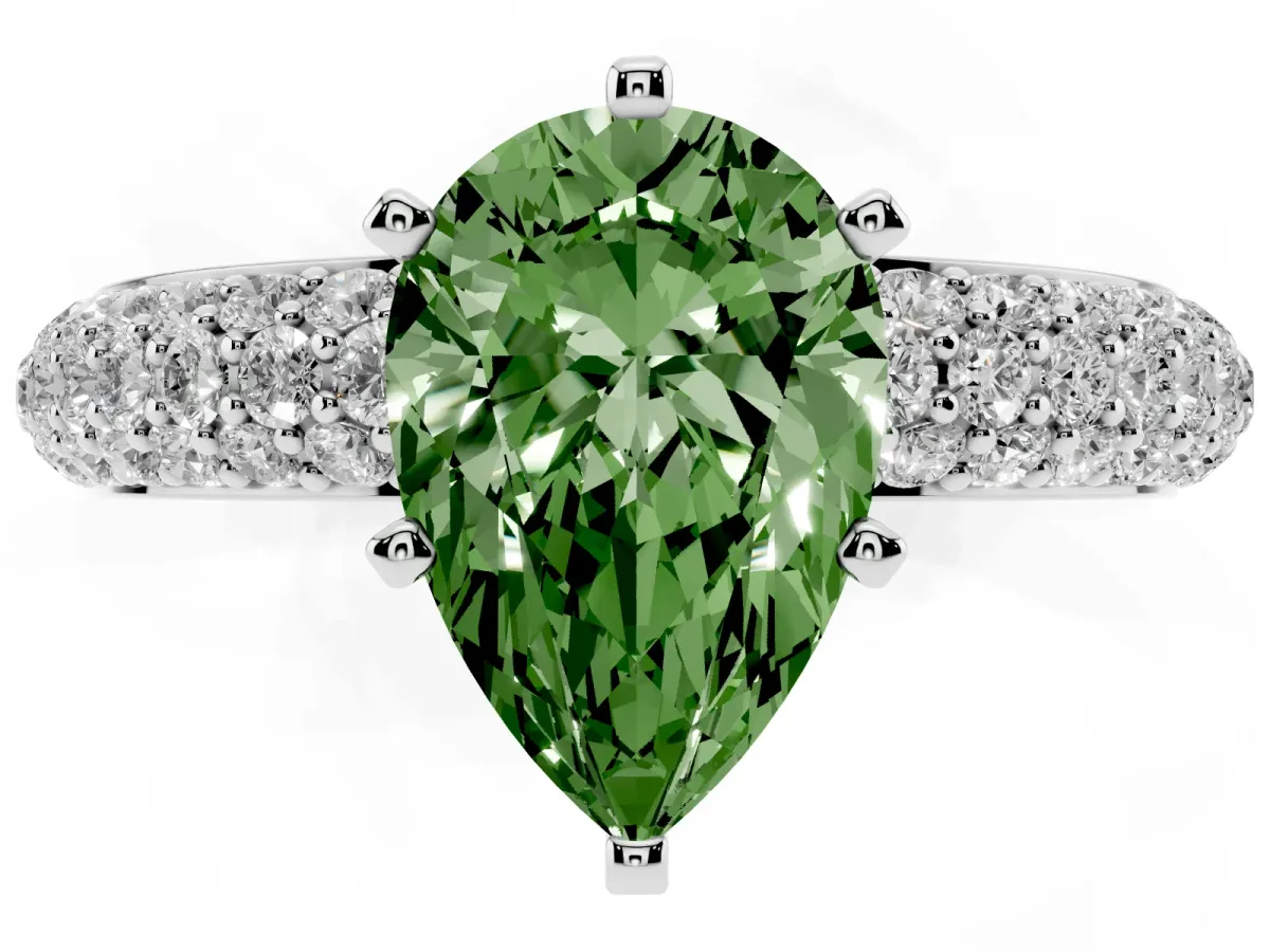 Fancy Green Pear Cut Diamond Solitaire Ring with Prong Setting and Pavé Band Silver