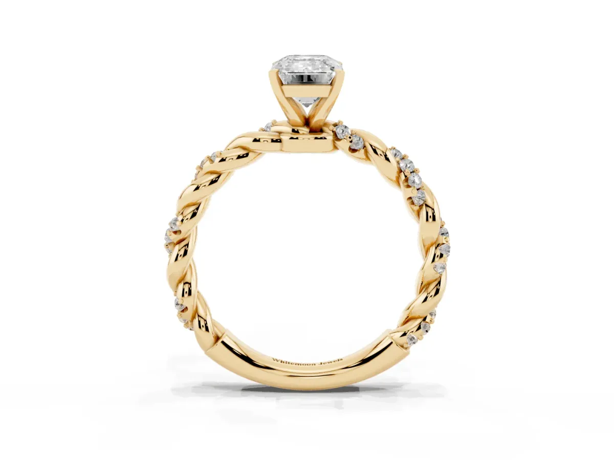 Emerald Cut Diamond Solitaire Ring with Twisted Band and Pavé Accents Yellow gold