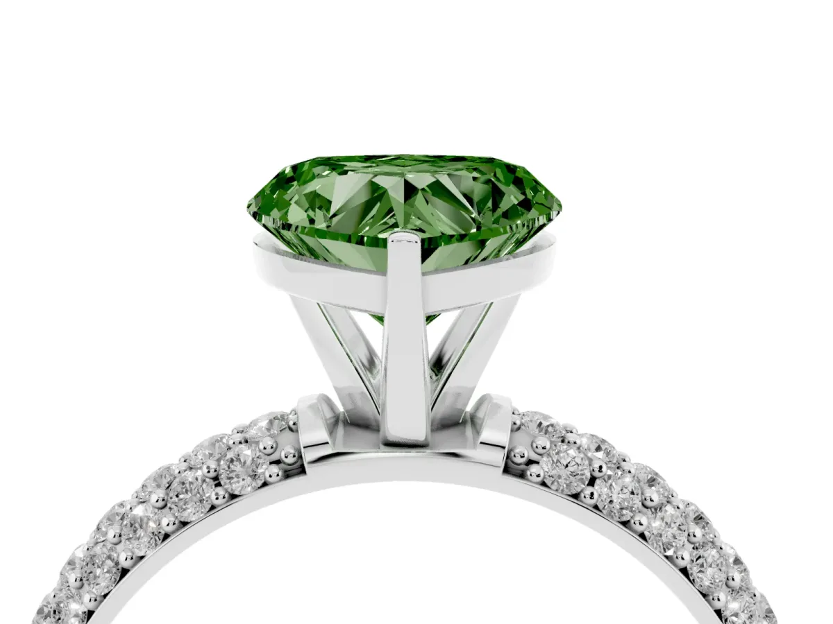Fancy Green Heart Cut Diamond Solitaire Ring with Prong Setting and Pavé Band Silver