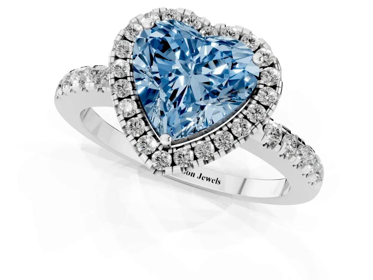 Fancy Blue Heart Cut Halo Diamond Engagement Ring with Pavé Band and Four-Prong Setting Platinum