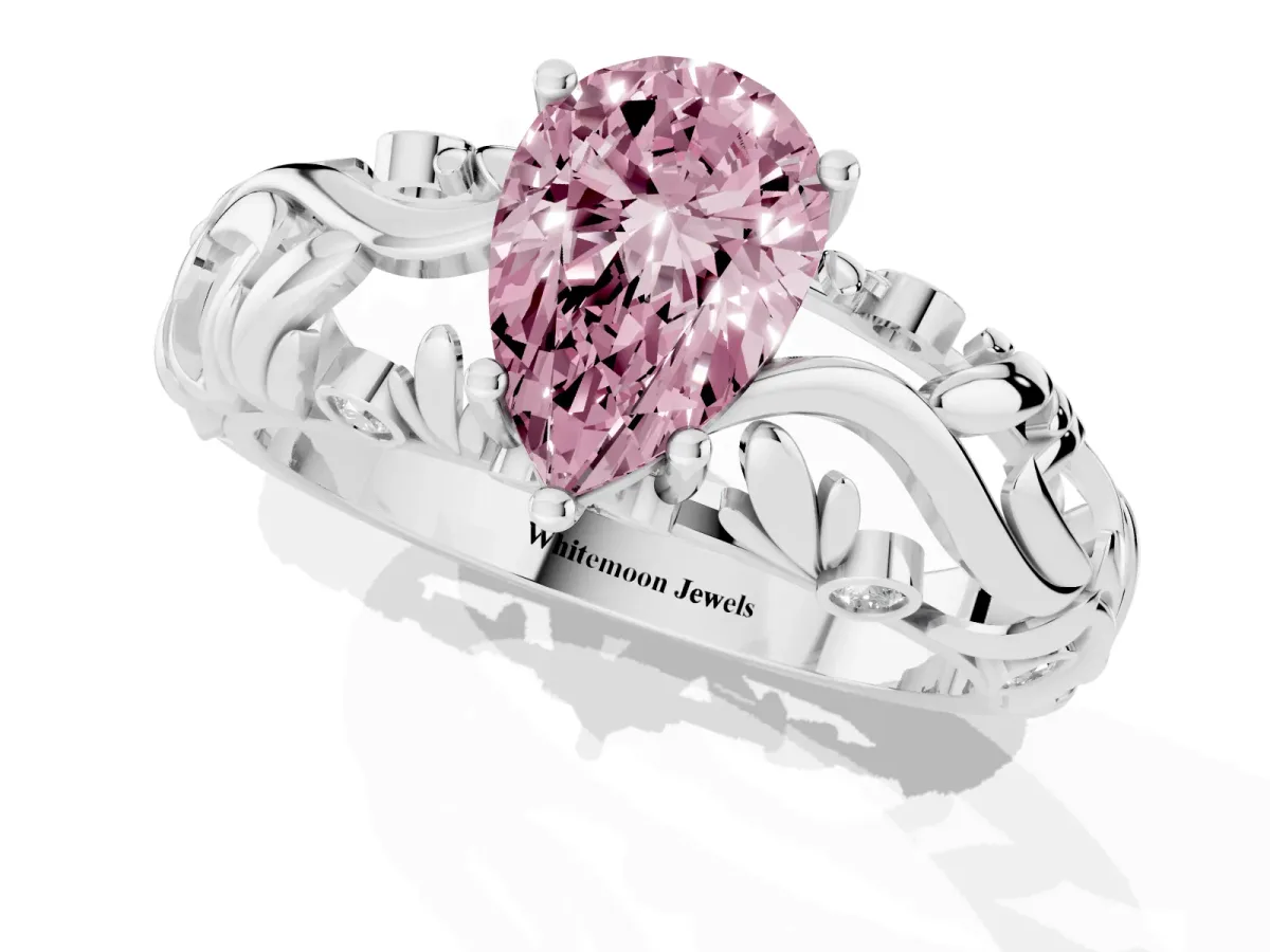 Fancy Pink Pear Cut Solitaire Diamond Leaf-Inspired Vine Band Ring with Prong Setting Silver