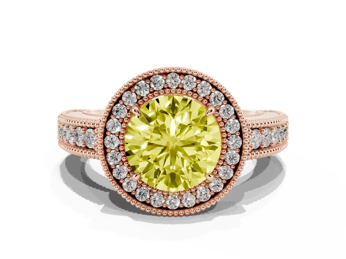 Fancy Yellow Round Cut Cut Halo Diamond Ring with Pavé Band and Four-Prong Setting Rose gold