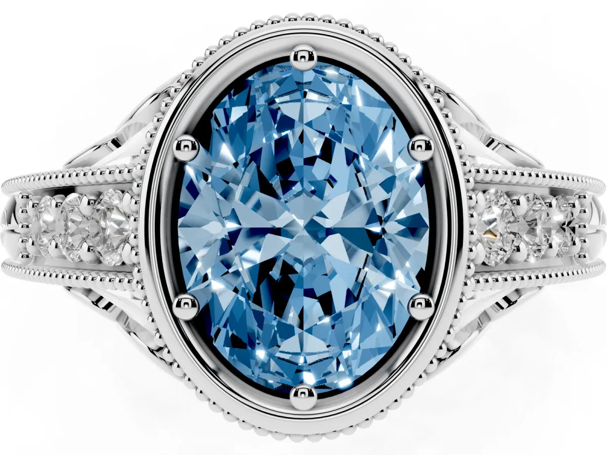 Fancy Blue Bezel Set Oval Cut Diamond Milgrain Pave Engagement Ring Silver