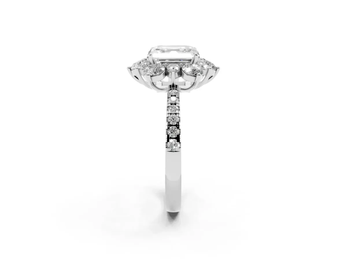Asscher Cut Diamond Floral Halo Ring with Round Pavé Band and Prong Setting White gold
