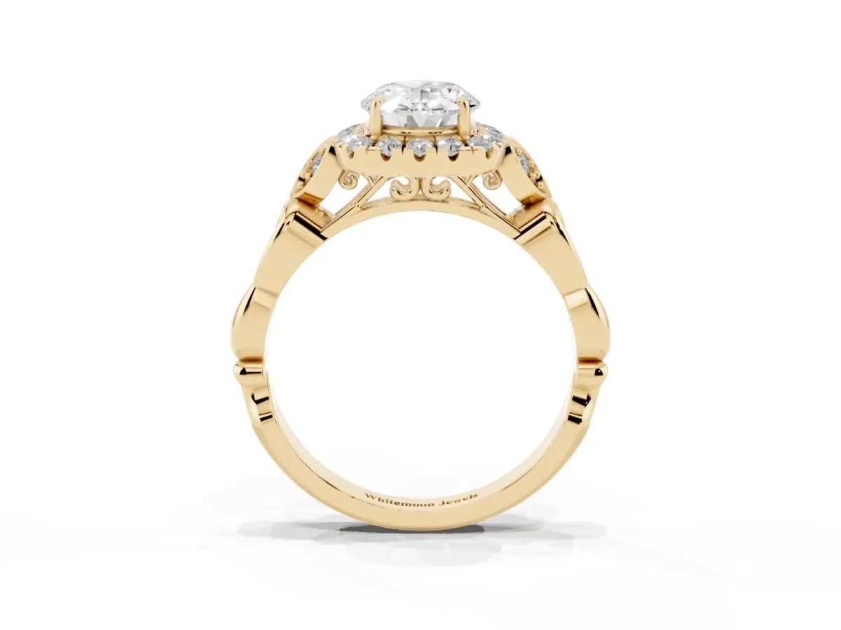 Oval Cut Halo Diamond Engagement Ring with Vintage-Inspired Band and Four-Prong Setting Yellow gold