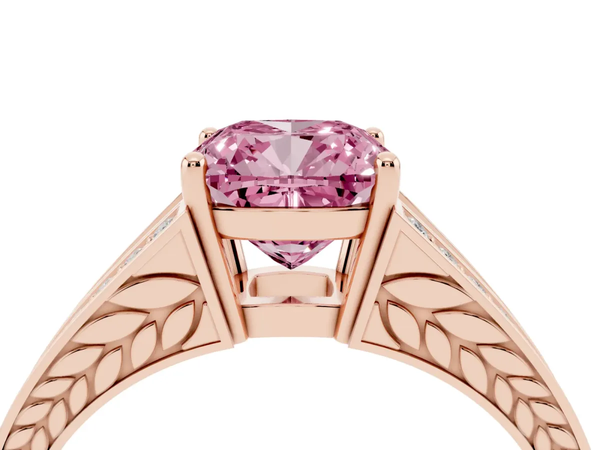 Fancy Pink Cushion Cut Diamond Split Shank Ring with Pavé Band and Four-Prong Setting Rose gold