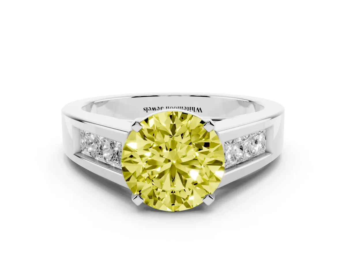 Fancy Yellow Round Cut Cut Channel Set Solitaire Ring with Four-Prong Setting Silver