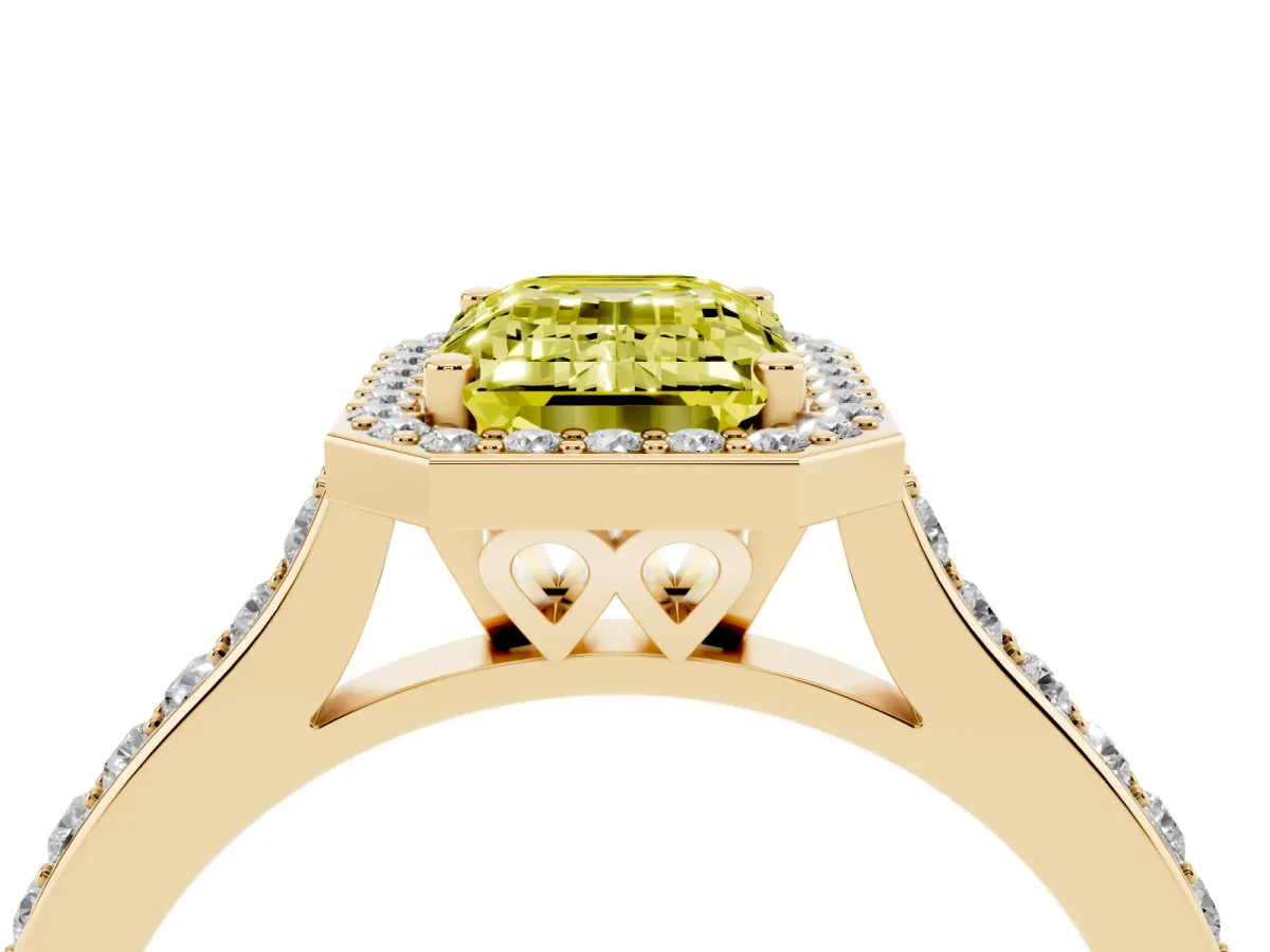Fancy Yellow Emerald Cut Diamond Halo Engagement Ring with Round Pavé Shoulders and Prong Setting Yellow gold